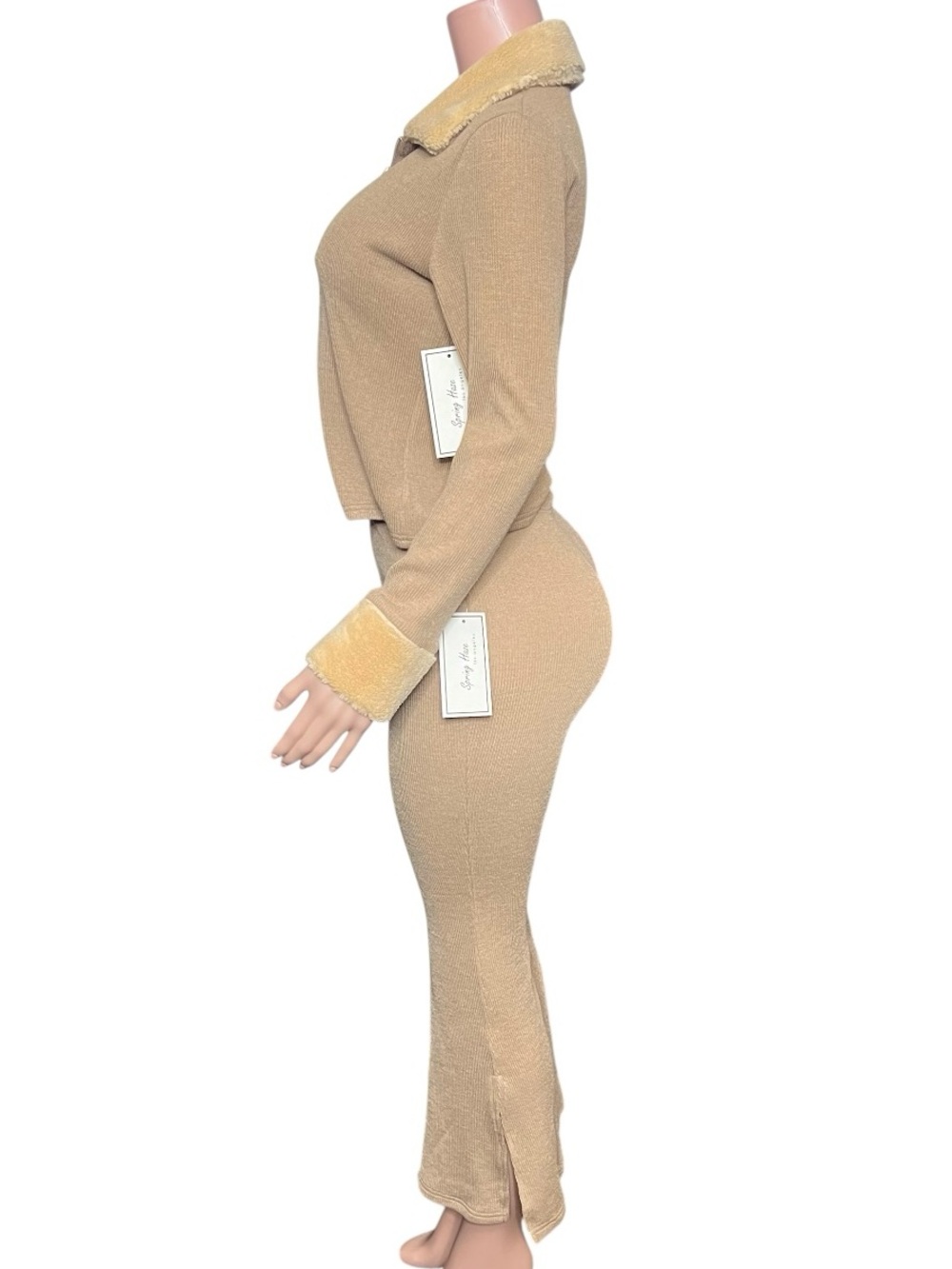 Beige Zip-Front Two-Piece Pantsuit with Faux Fur Trim - Picture 4 of 5
